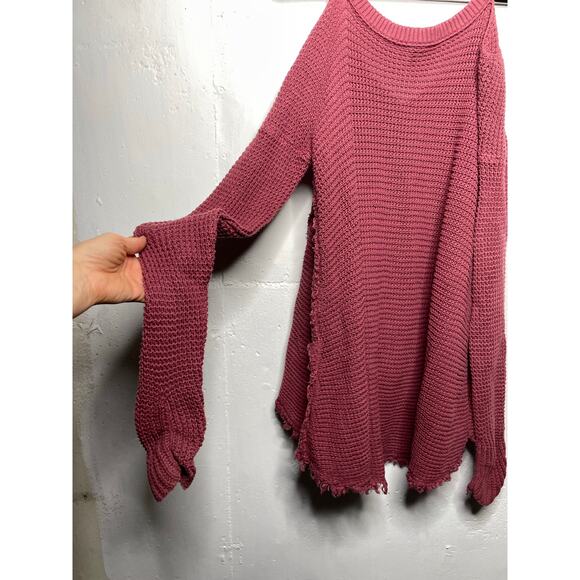 Free People Moonshine Cold Shoulder Waffle Knit Sweater Size XS Pink Red Rose - Picture 8 of 10